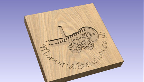Engraved steam engine on a memorial bench