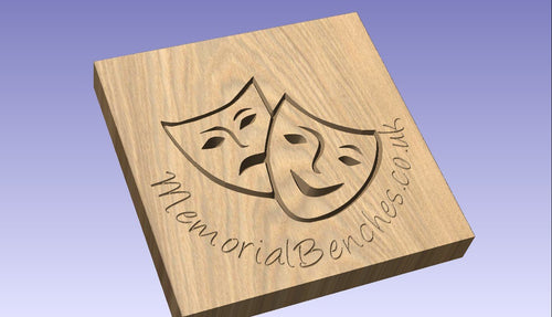 Theatre masks carved on a memorial bench
