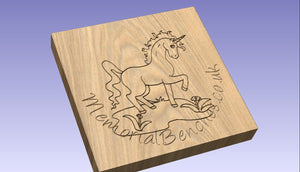 Engraving of a unicorn on a stool 